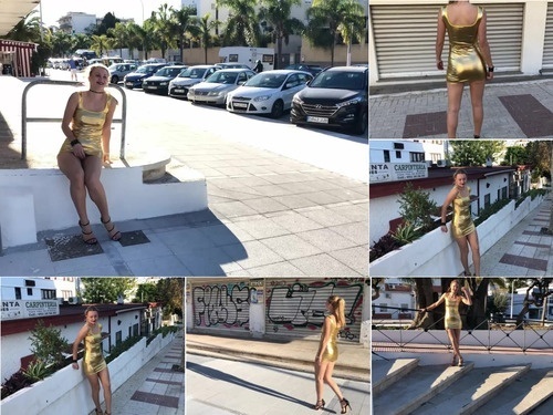 Pussy Masturbation Golden Shiny Minidress In Public image