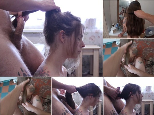 PerfectDick88 009 Hairjob Pretty brunette with long hair Cumshot on hair image
