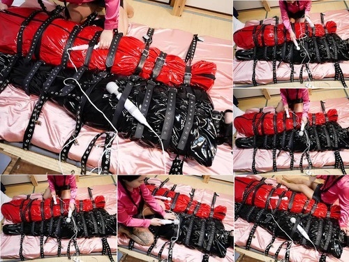 Caged Double PVC Sleep Sack Tied to the Bed And Vibed with Hitachi image