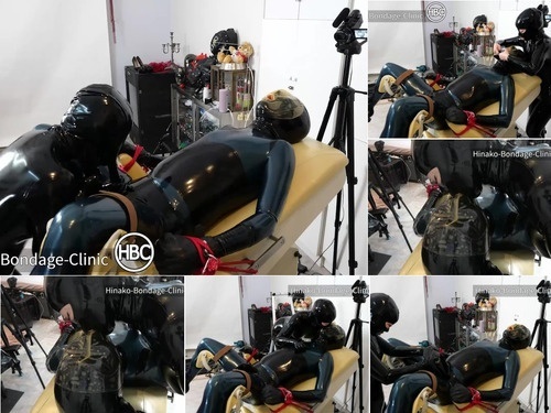 Caged Sub Gets Teased and Denied While Bound in Latex to Gynecology Chair image